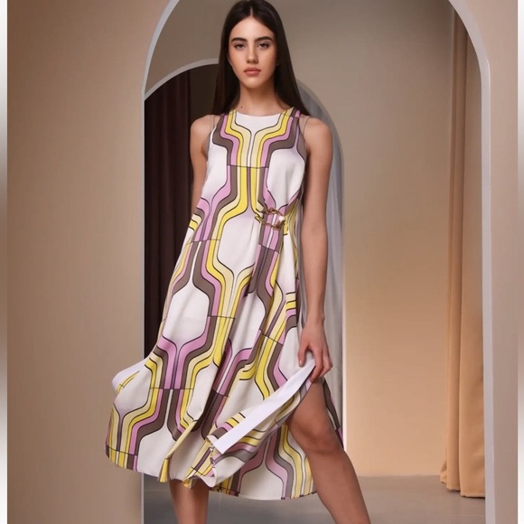 Marella 365 By Max Mara Scorza Sleeveless Geo Print Midi Dress Gold Tone Decor 4 - Picture 1 of 16